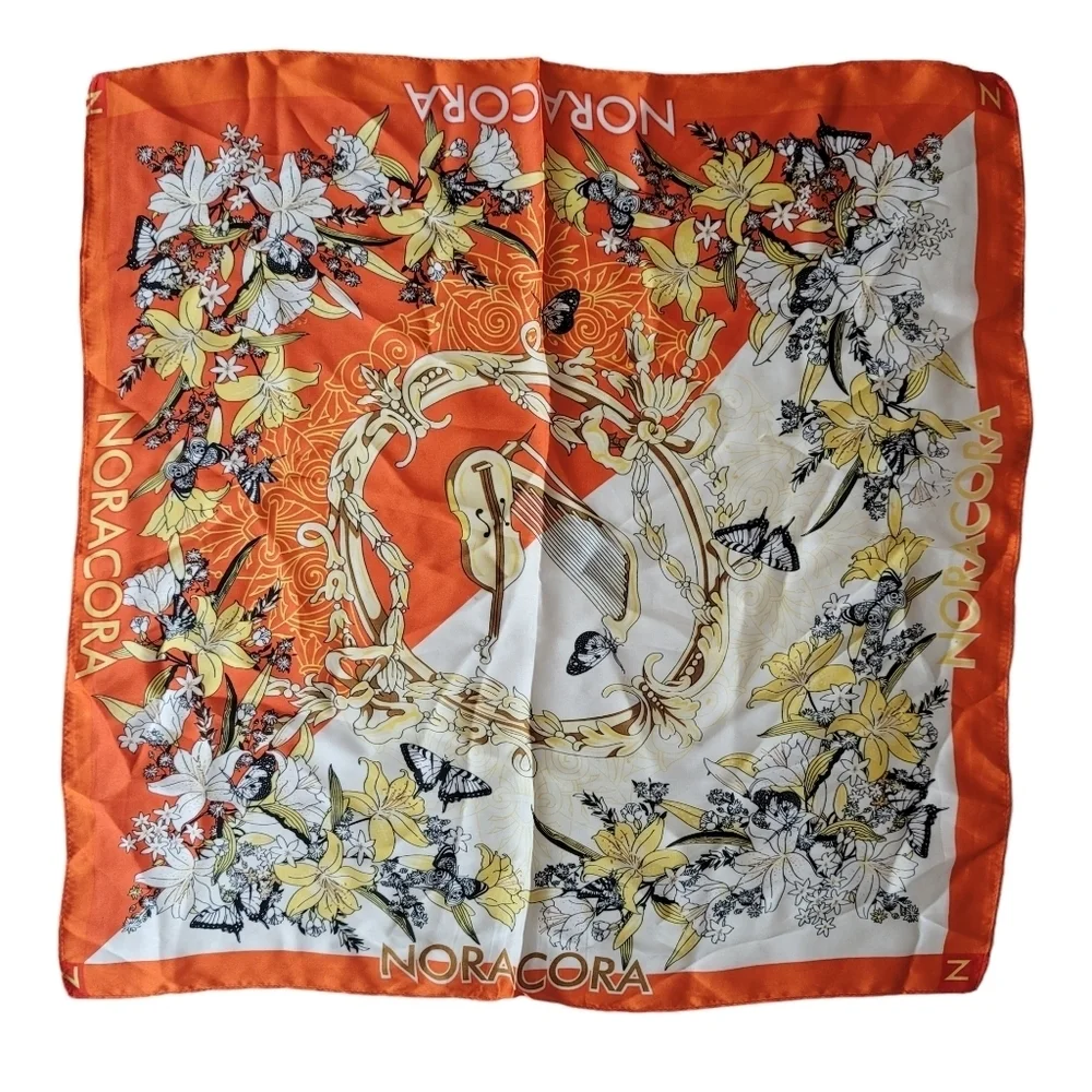 NoraCora Floral‎ Harp Violin Square Scarf Silk Butterfly Orange